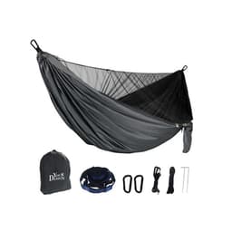 A grey camping hammock with a mosquito net, featuring straps, carabiners, rope, and a carrying sack.