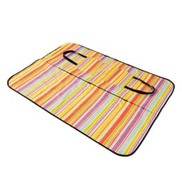 A colourful striped picnic blanket with handles, featuring vibrant shades of yellow, orange, and blue.