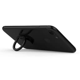 A black custom water droplet finger ring phone holder attached to a smartphone, positioned at an angle.