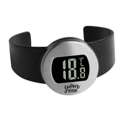 A digital wine thermometer with a black strap and silver display, featuring a digital temperature readout.