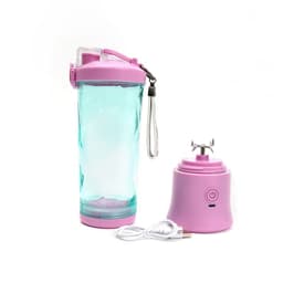A drink bottle with a pink lid and base, clear body, and a portable blender base with a USB charging cable.