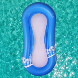 A blue printed pool lounger float with a mesh center and palm tree design, set against a water background.