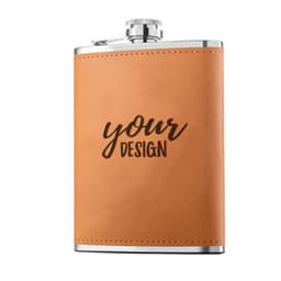 A drink bottle featuring a stainless steel flask with a tan leather outer and a metal top. It has a logo.