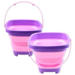 A foldable portable bucket in pink and purple, featuring a handle and a compact design. Includes a logo.