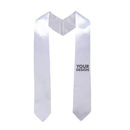 A white satin stole with a V-shaped neckline and space for custom designs, featuring a logo.
