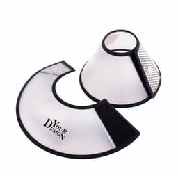 A large transparent pet recovery cone collar with black edges, featuring a textured area and a logo.