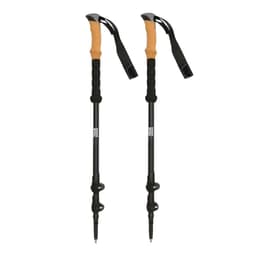 A pair of black trekking poles with cork handles and wrist straps.
