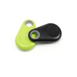 A green and black anti-lost device with a button and circular hole for attachment. It features a logo.