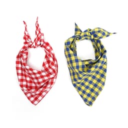 A red and white gingham triangular saliva towel and a blue and yellow checked one, both designed for pets.