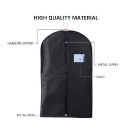 A black non-woven garment bag with a metal zipper, hanger, and a clear card pocket. Features a logo.