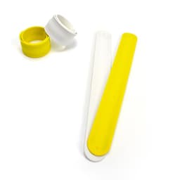 A yellow and white silicone slap bracelet with a matching silicone band beside it. The bracelet has a smooth finish.