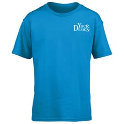 A youth round neck T-shirt in bright blue with a logo on the front.