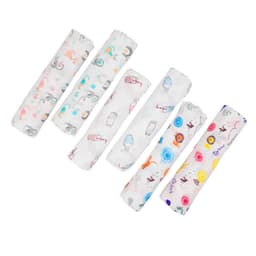 A collection of six cotton muslin baby swaddle blankets featuring various playful patterns and colours.