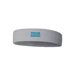 A grey elastic sports headband featuring a logo or branding in blue. Suitable for headwear categories.