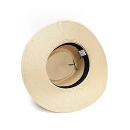A beige wide brim Panama straw hat with a black inner lining and a logo tag.