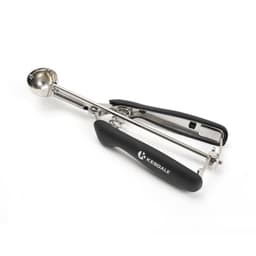 A stainless steel ice cream scoop with a black handle and a logo, featuring a round scoop end.