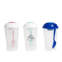 A drink bottle set consisting of three clear shakers with white lids, featuring pink, green, and blue accents and utensils.