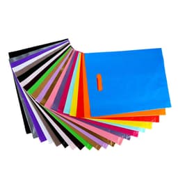 A collection of plastic bags in various colours, featuring a die cut handle and a mix of vibrant and neutral shades.