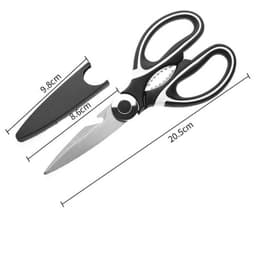 A pair of multifunctional food scissors in black and silver, with a protective cover, measuring 20.5 cm in length.