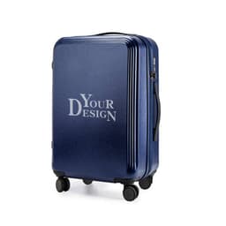 A 28-inch zippered trolley suitcase in navy blue with a logo on the front and four wheels for easy transport.