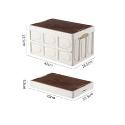 Collapsible storage bin in white with a brown wood lid, featuring handles for easy transport. Dimensions provided.