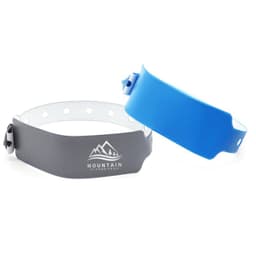A grey and blue PVC custom adjustable wristband with a logo, featuring circular holes for adjustment.