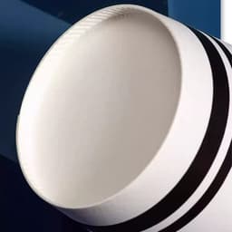 A disposable kraft paper cup in white with black stripes, featuring an interior view of its smooth top edge.