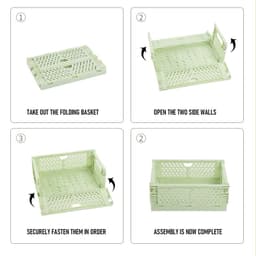A light green folding plastic storage basket with instructions for assembly, showing various assembly steps.