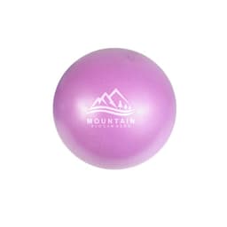 A small, shiny pink Pilates ball featuring a logo with mountain graphics. Ideal for fitness and exercise activities.