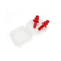 Red reusable silicone swimming earplugs displayed in a clear case. The earplugs have a unique design.