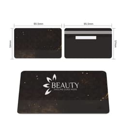 A custom magnetic stripe card in black with a logo and gold accents, featuring dimensions displayed.