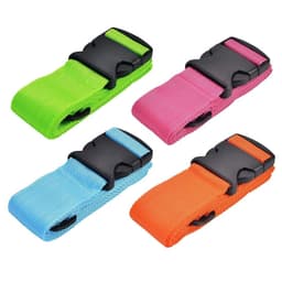 A set of four custom luggage straps in green, blue, pink, and orange, featuring adjustable buckles and branding.