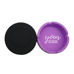 A round, portable silicone ashtray in black and purple, featuring a space for custom design. Includes branding.