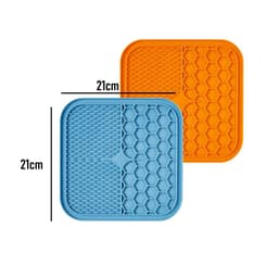 A blue and orange silicone lick mat set, featuring hexagonal designs, each measuring 21cm by 21cm.