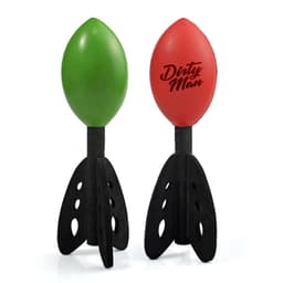 Two air rocket toys, one green and one red, with black launching fins and a logo on the red rocket.