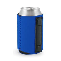 A blue neoprene can cooler with a black holder, designed for 11 oz cans, featuring a stitched seam and branding.