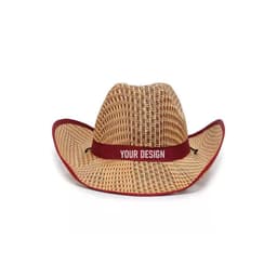 A custom shapeable cowboy straw hat with a woven design and a burgundy band for personalisation.