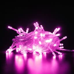 A tangled set of 10m LED string lights glowing in vibrant pink against a dark background.