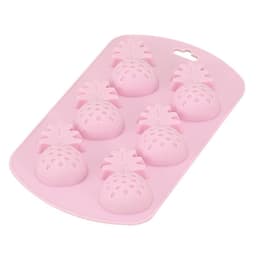 A pink silicone mould shaped like pineapples, featuring eight cavities for making fruit-shaped items.