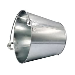 A silver iron ice bucket with a handle, featuring a smooth, shiny finish and a simple design.