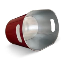 A red oval galvanized metal beer bucket with handles, featuring a shiny silver interior.