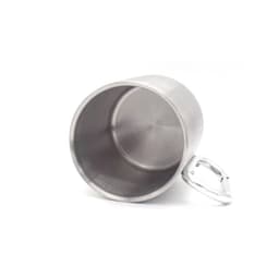 A stainless steel cup with a carabiner hook, featuring a smooth interior and a shiny exterior.