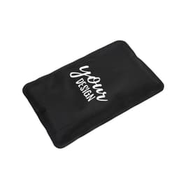 A black nylon rectangle reusable ice pack with a logo design in white.