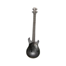 A black stainless steel spoon designed in the shape of a guitar, complete with details on the neck and body.