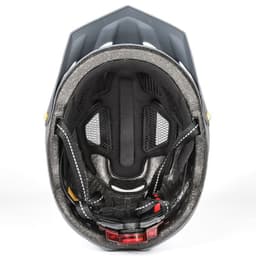 A black bike helmet featuring internal padding and adjustable straps, equipped with a tail light.