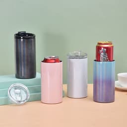 A set of four insulated can coolers in black, pink, and iridescent colours, with one featuring a transparent lid.