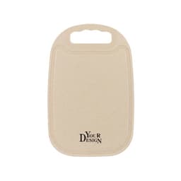 A wheat straw cutting board in a natural beige colour, featuring a handle and a logo at the bottom.