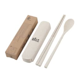 A wheat straw travel cutlery set in beige, featuring chopsticks and a spoon, packaged in a matching case with branding.
