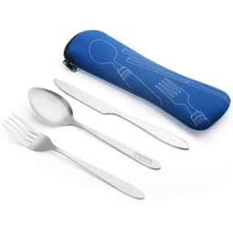 A blue neoprene case containing a stainless steel spoon, fork, and knife set.