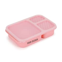 A pink 3-compartment reusable wheat straw bento lunch box with a transparent lid and a branding space.